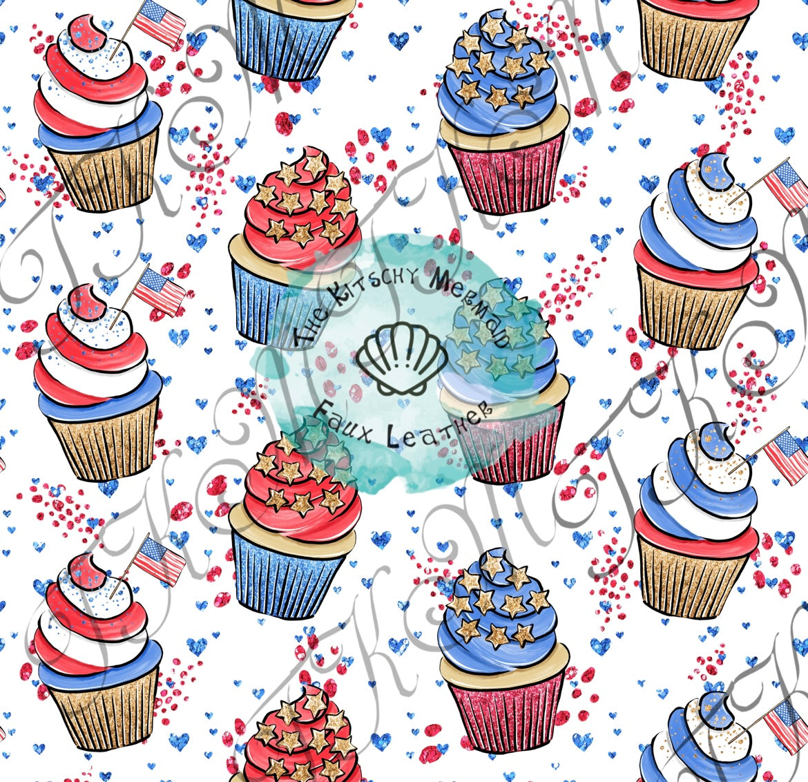 Patriotic Cupcakes on White Faux Leather Roll, Sheets, and Bullet