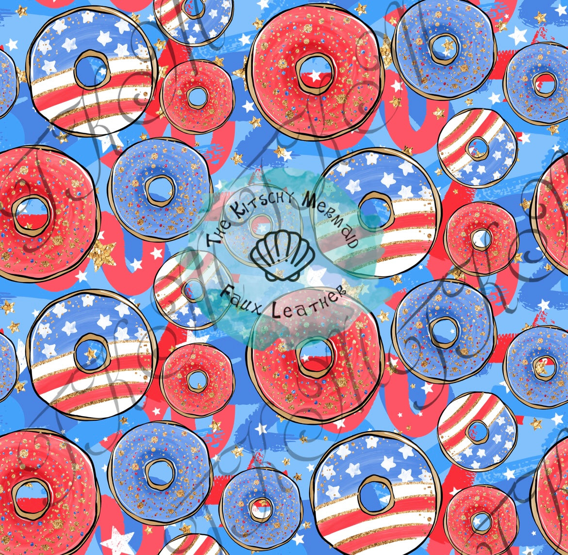 Patriotic Donuts on Blue Faux Leather Roll, Sheets, and Bullet