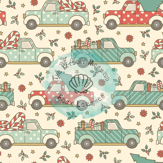 Boho Christmas Trucks and Holly Faux Leather Roll, Sheets, and Bullet